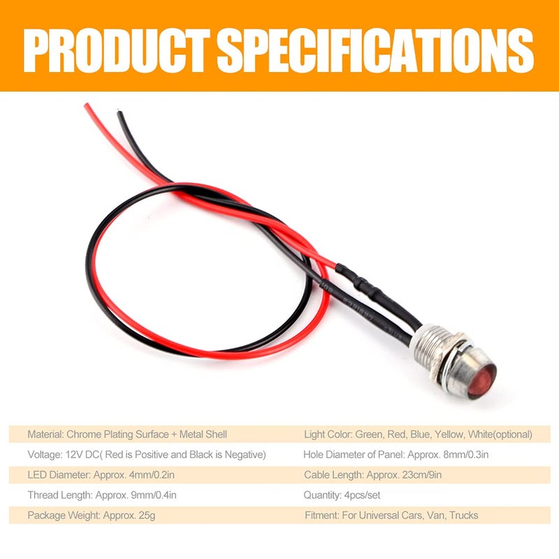 Keenso 4 Pcs 12V LED Pilot Light, 8mm Indicator Lamp Car Van Boat Indicator Light Pilot Dash Bulbs Directional Lamp(Red) - Image 4